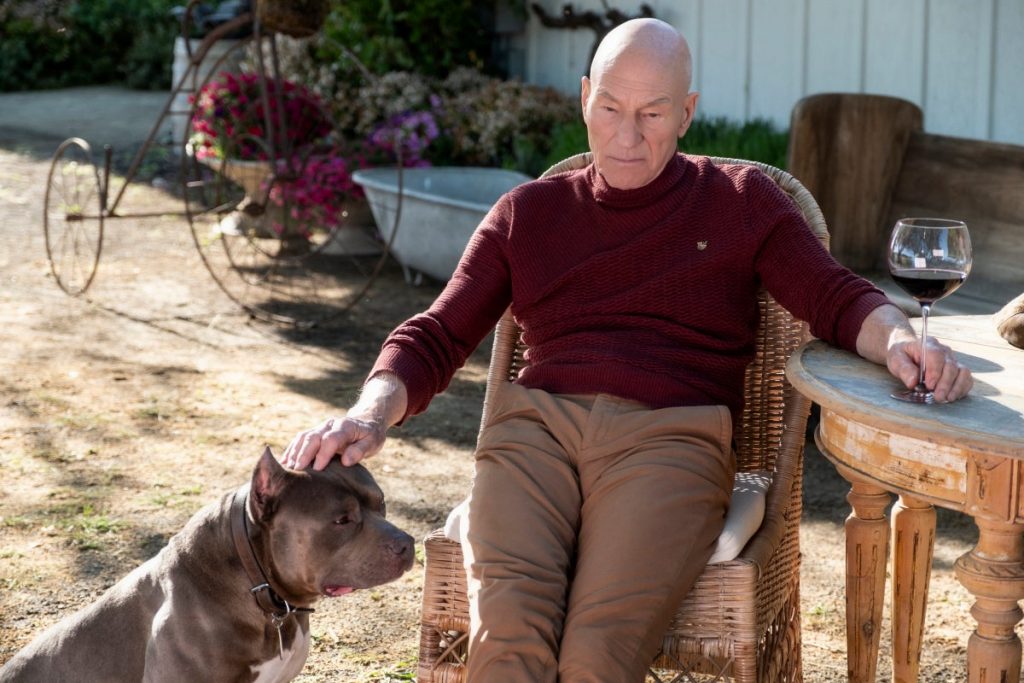 Picard a man is sitting in a chair with a dog next to him