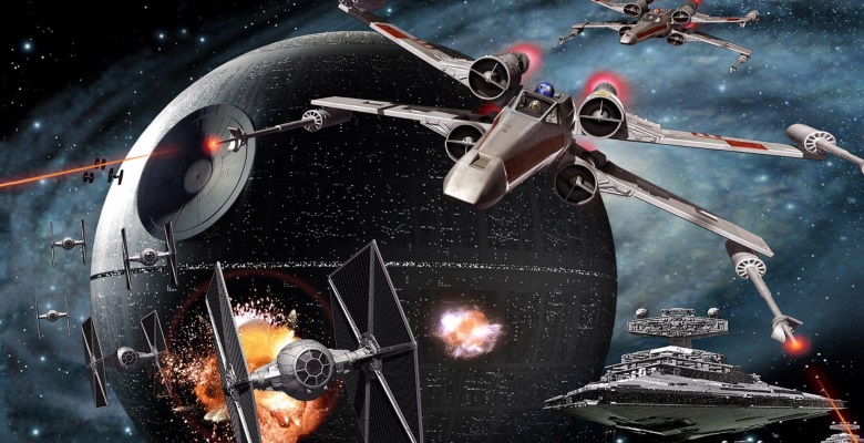 Several Star Wars ships are fighting each other